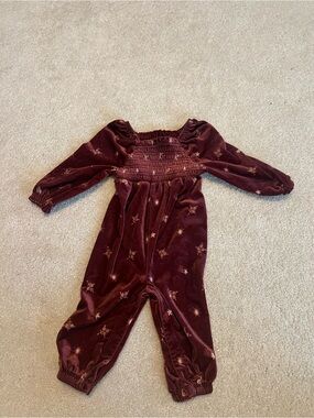 Velvet Smocked One-Piece Romper in Burgundy